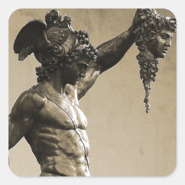 Pegatina Cuadrada Perseo con la cabeza de Medusa (Anverso)