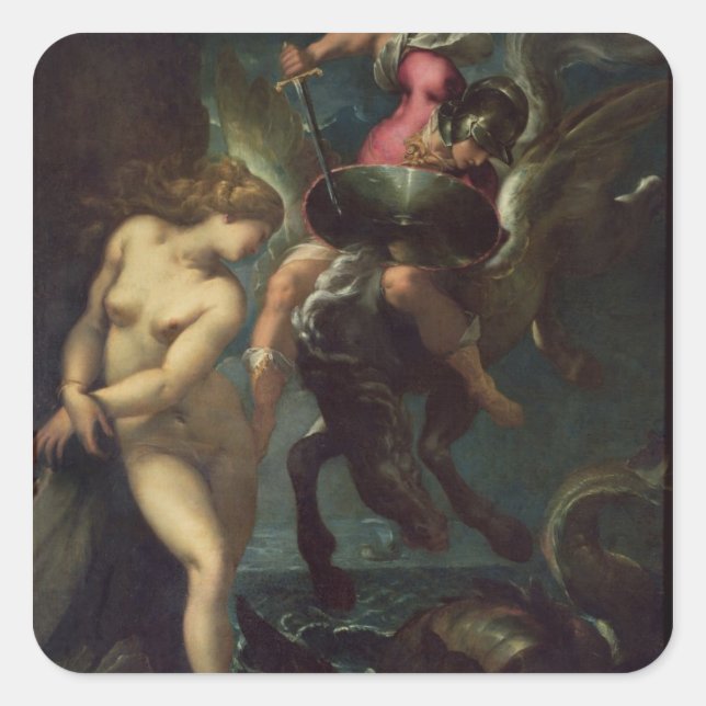Pegatina Cuadrada Perseus y Andromeda, c.1610 (aceite sobre lienzo) (Anverso)