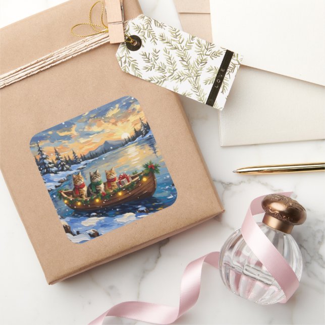 Pegatina Cuadrada Persian Cat Christmas Boat Holiday (Regalar)