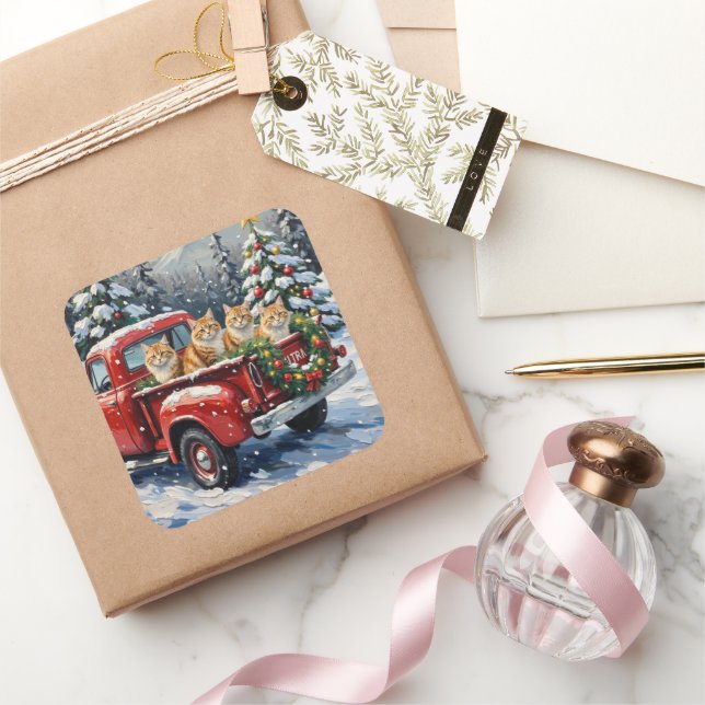 Pegatina Cuadrada Persian Cat Christmas Red Truck Holiday (Regalar)