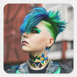 Pegatina Cuadrada Persona transgénero con Mohawk azul y verde