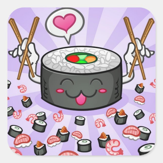 Pegatina Cuadrada Personaje de caricatura de sushi comiendo muchos c (Anverso)