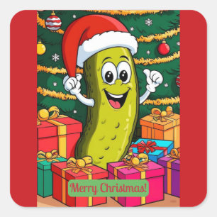 Pegatina Cuadrada Personaje de dibujos animados de pepino de Navidad