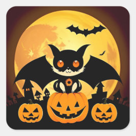 Pegatina Cuadrada Personaje de gato de Halloween con calabazas