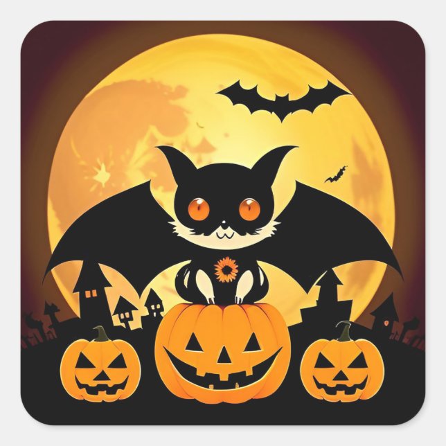 Pegatina Cuadrada Personaje de gato de Halloween con calabazas (Anverso)