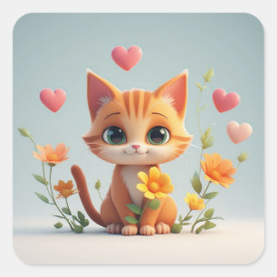 Pegatina Cuadrada Personaje de gato lindo con corazones y flores de
