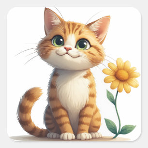 Pegatina Cuadrada Personaje de gato lindo con flores alegría 🌷