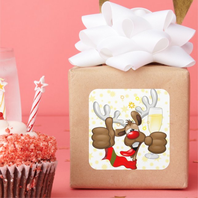 Pegatina Cuadrada Personaje de Navidades divertidos renos ebrios (Fiesta)