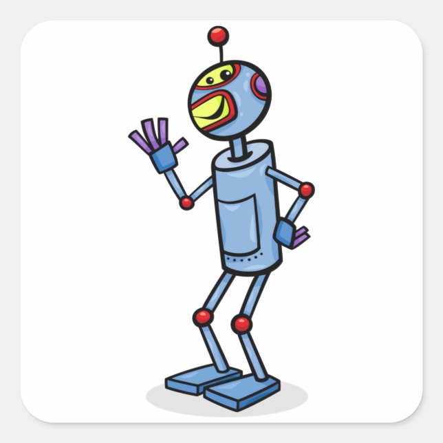 Pegatina Cuadrada Personaje de Robot Retro Futurista Saludando (Anverso)