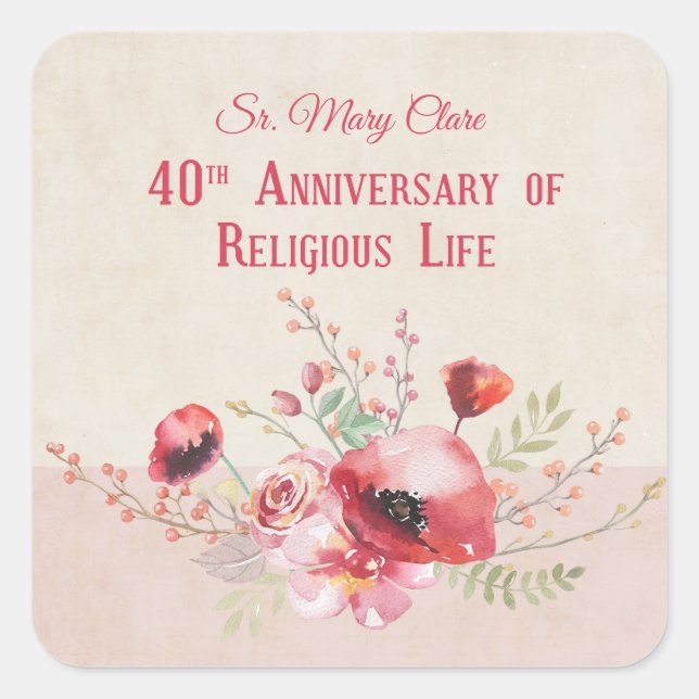 Pegatina Cuadrada Personalice, 40º aniversario monja, rosa y (Anverso)