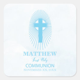 Pegatina Cuadrada Personalice, Blue First Holy Communia Cross Host