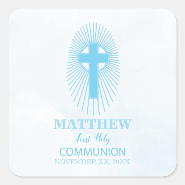 Pegatina Cuadrada Personalice, Blue First Holy Communia Cross Host (Anverso)