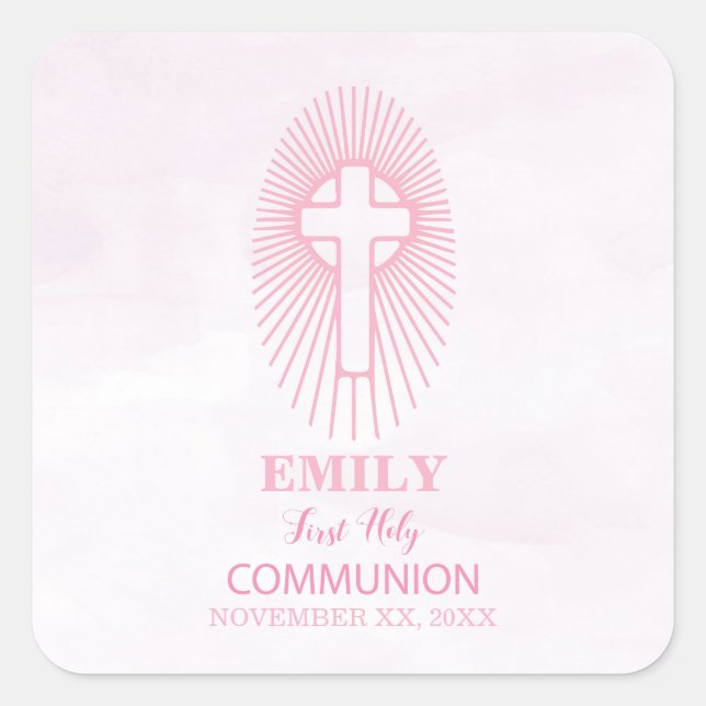 Pegatina Cuadrada Personalice, primero rosado sagrado comunicador cr (Anverso)