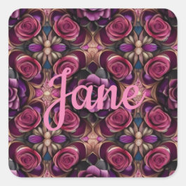 Pegatina Cuadrada Personaliza el nombre IA Art Púrpura Roses rosadas