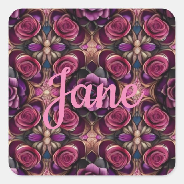 Pegatina Cuadrada Personaliza el nombre IA Art Púrpura Roses rosadas (Anverso)
