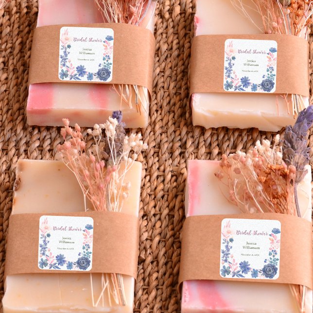 Pegatina Cuadrada Personaliza Indigo Blush Florals Bridal Shower (Subido por el creador)