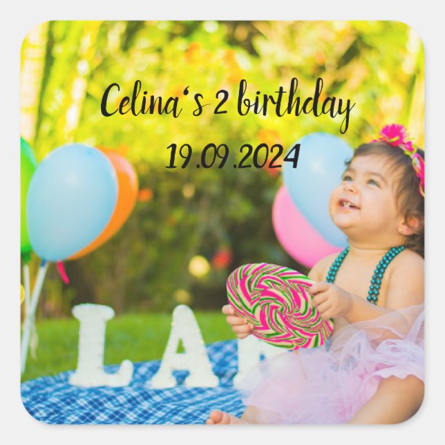 Pegatina Cuadrada Personaliza la foto de cumpleaños de tus bebés (Anverso)