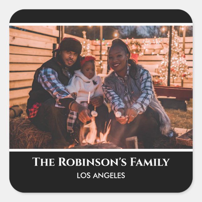 Pegatina Cuadrada Personaliza tu foto en marco negro con textos (Anverso)