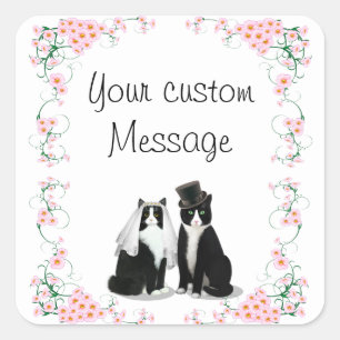 Pegatina Cuadrada Personalizable Boda de gato de Tuxedo