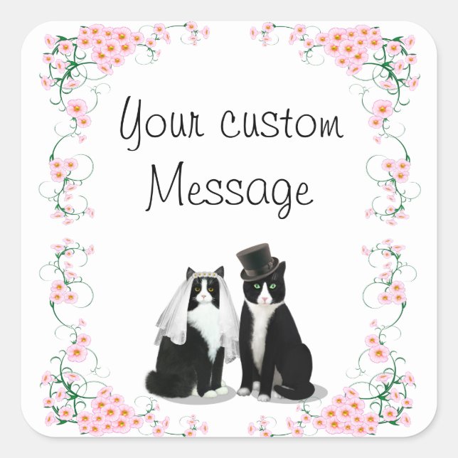 Pegatina Cuadrada Personalizable Boda de gato de Tuxedo (Anverso)