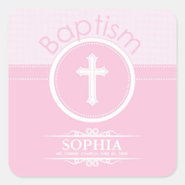 Pegatina Cuadrada Personalizable, Chica rosado Hijo del Bautismo de 