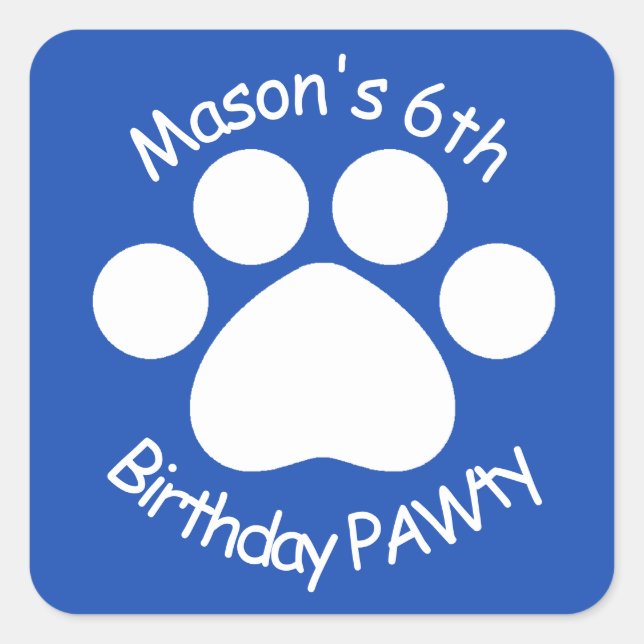 Pegatina Cuadrada Personalizable Cumpleaños PAWty - Azul (Anverso)