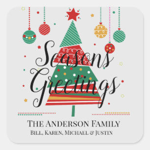 Pegatina Cuadrada Personalizable de árbol de Navidad retro