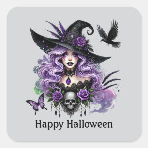 Pegatina Cuadrada Personalizable de brujas espeluznante de Halloween