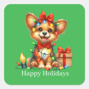 Pegatina Cuadrada Personalizable de cachorro de Navidades curos Feli