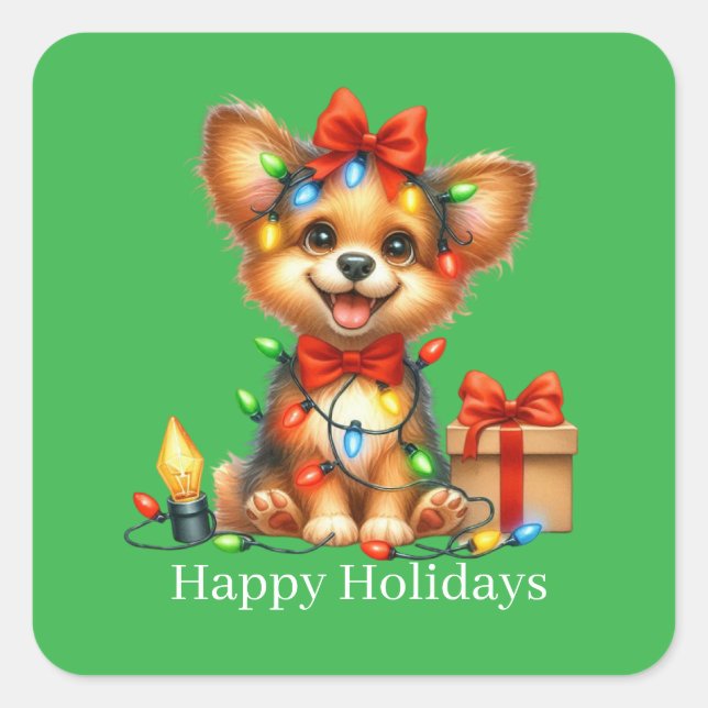 Pegatina Cuadrada Personalizable de cachorro de Navidades curos Feli (Anverso)