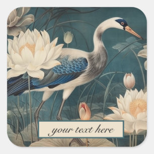 Pegatina Cuadrada Personalizable de grúa azul botánico vintage
