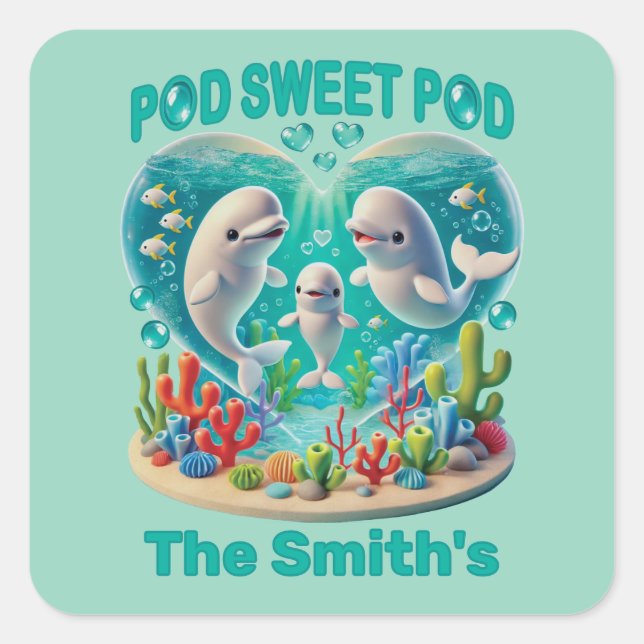 Pegatina Cuadrada personalizable de la familia de ballenas "Pod Swee (Anverso)