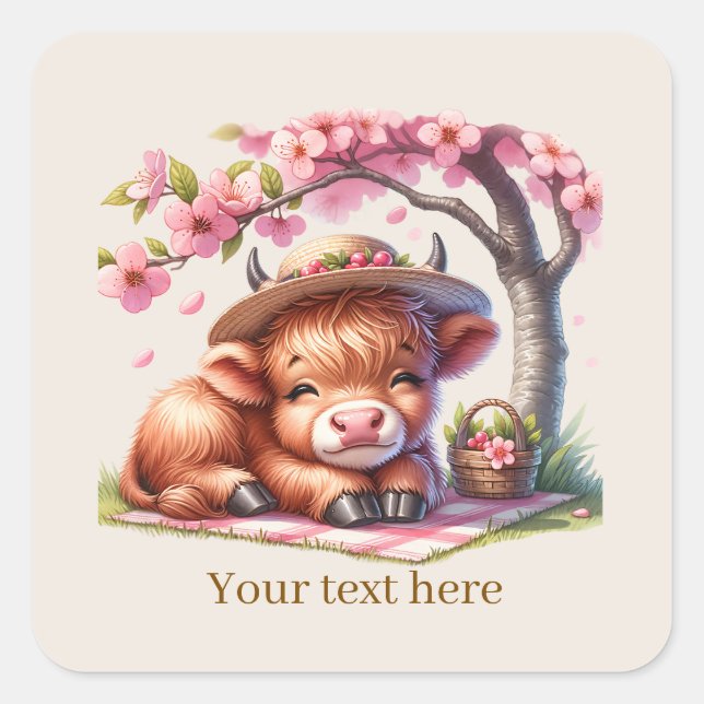 Pegatina Cuadrada Personalizable de vaca de Cute Highland (Anverso)