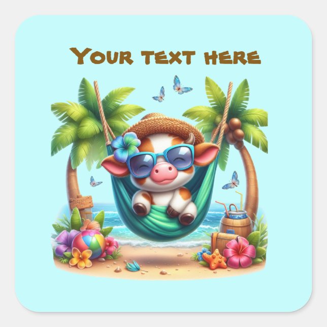 Pegatina Cuadrada Personalizable de vaca de playa (Anverso)