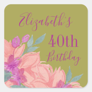 Pegatina Cuadrada Personalizable Florals de color de agua rosa Cumpl