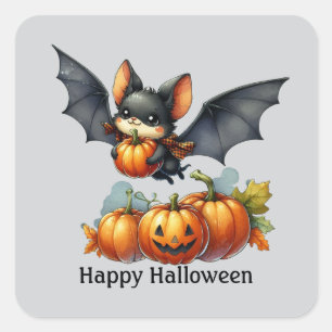 Pegatina Cuadrada Personalizable Fun Bat Happy Halloween