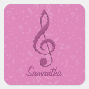 Pegatina Cuadrada Personalizable Girly Pink Clef y notas musicales