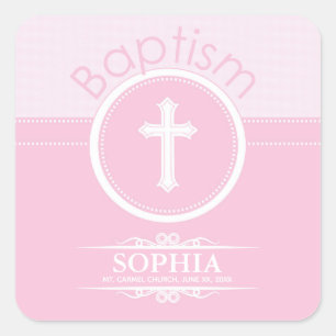 Pegatina Cuadrada Personalizable, Niña Rosa Hija de Dios Bautizo