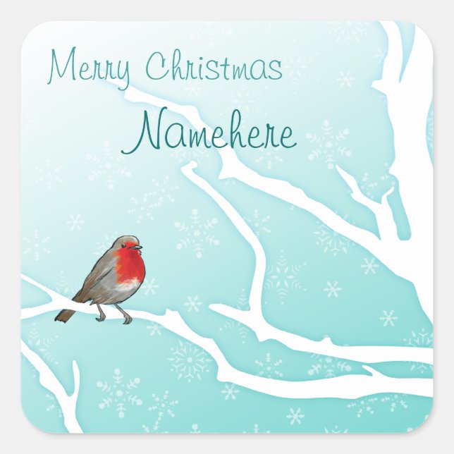 Pegatina Cuadrada Personalizable: Robin en un árbol (Anverso)
