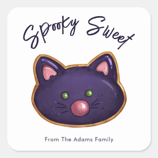 Pegatina Cuadrada Personalizable Spooky Sweet Black Cat Sugar Cookie (Anverso)