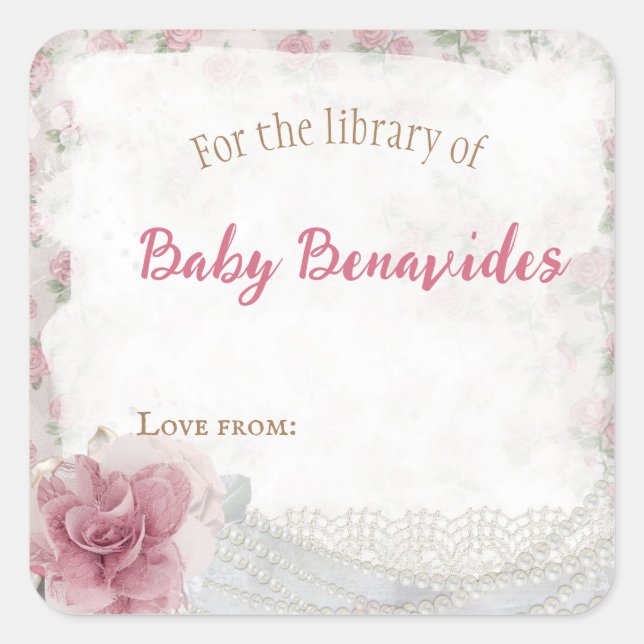 Pegatina Cuadrada Personalizable Victoriano Baby Shower Bookplate (Anverso)