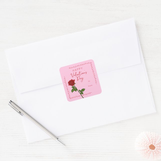Pegatina cuadrada personalizada de rosa del día de (Sobre)