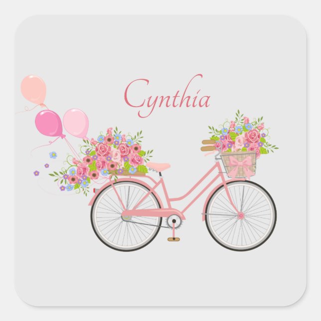 Pegatina Cuadrada Personalizada la bicicleta floral rosa caprichosa (Anverso)