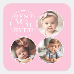 Pegatina Cuadrada Personalizado 3- Foto "Mejor Mamá del Mundo" Rosa 