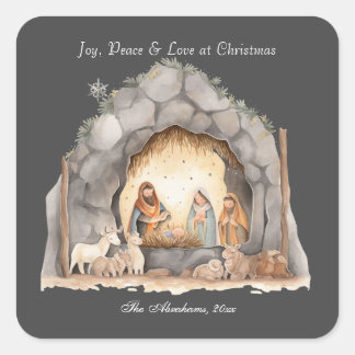 Pegatina Cuadrada Personalizado acuarela Vintage Navidad Natividad E