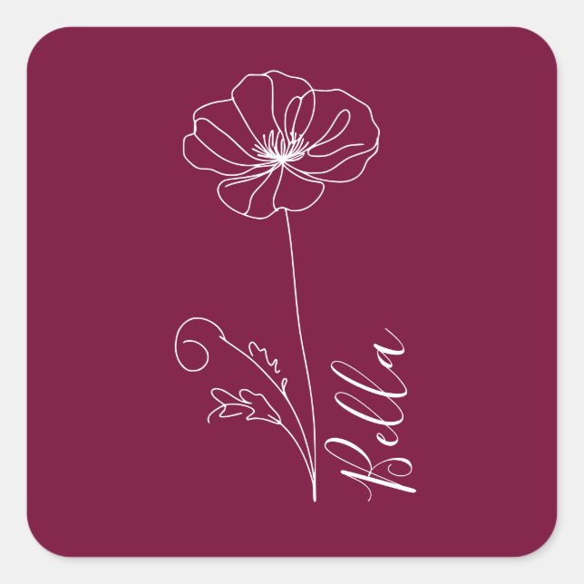 Pegatina Cuadrada Personalizado Agosto Poppy Nacimiento Regalo de Fl (Anverso)