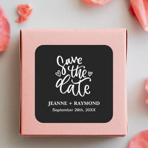 Pegatina Cuadrada Personalizado Ahorro de fecha de boda negro limpio