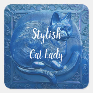 Pegatina Cuadrada Personalizado azul marino gato Art Nouveau Gato el