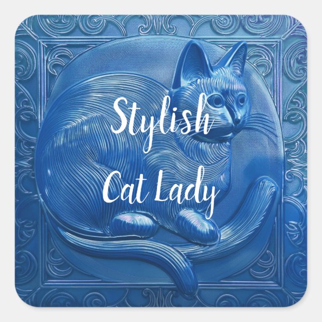 Pegatina Cuadrada Personalizado azul marino gato Art Nouveau Gato el (Anverso)