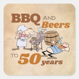 Pegatina Cuadrada Personalizado BBQ and Beers 50 Birthday Rústic The